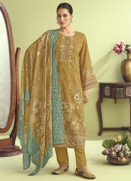 Mustard Muslin Thread Embroidered Sequins And Digital Print Pakistani Suit