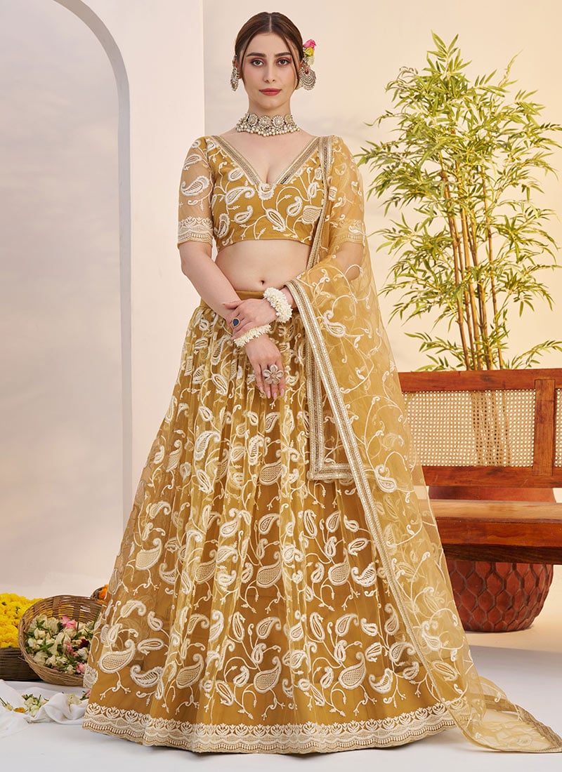 Mustard Net Embroidered Sequins Lehenga Wedding Wear