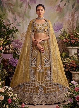 Mustard Net Embroidered Sequins Lehenga