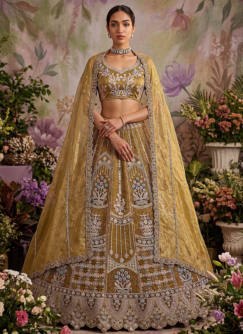 Mustard Net Embroidered Sequins Lehenga Wedding Wear