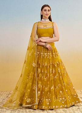 Mustard Net Embroidered Sequins Lehenga