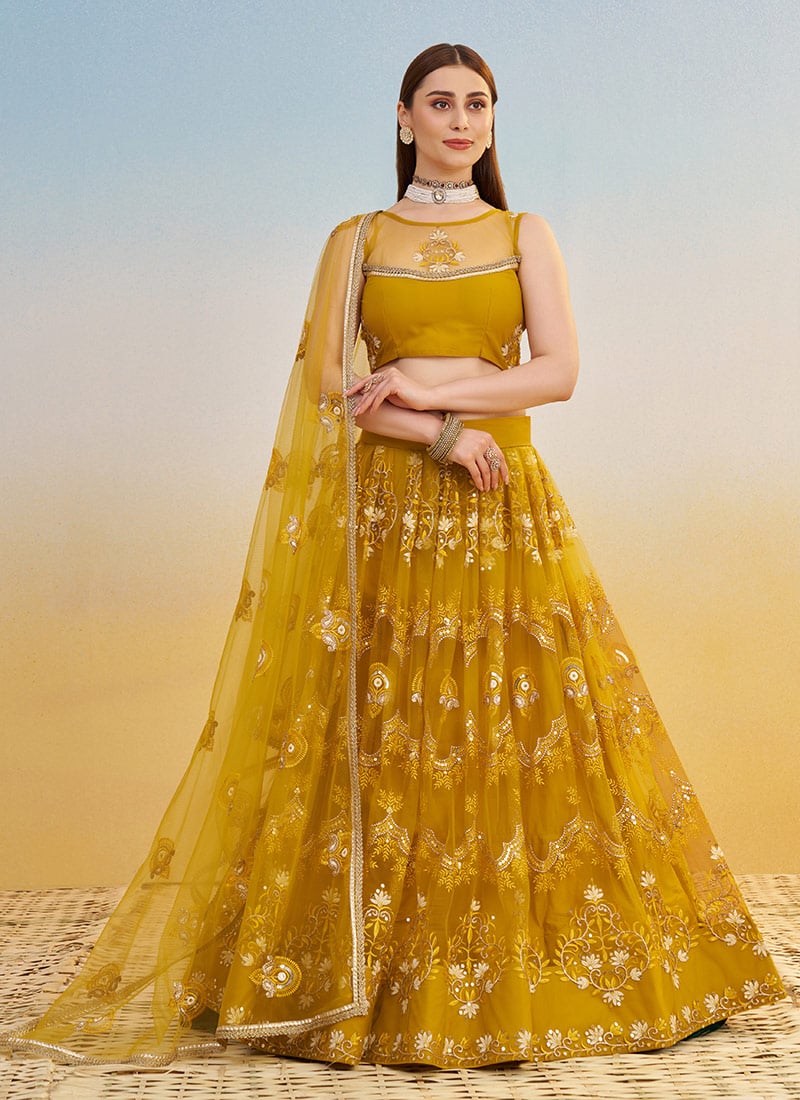 Mustard Net Embroidered Sequins Lehenga Wedding Wear