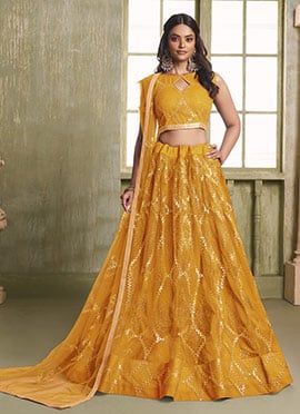 Mustard Net Embroidered Sequins Lehenga