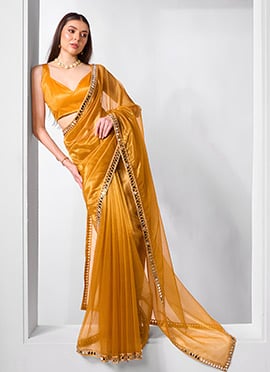 Mustard Net Mirror Work Saree