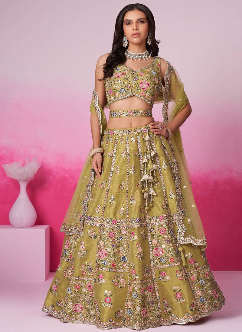 Mustard Net Moti Embroidered Sequins Lehenga Unveiling Elegance Wedding Wear