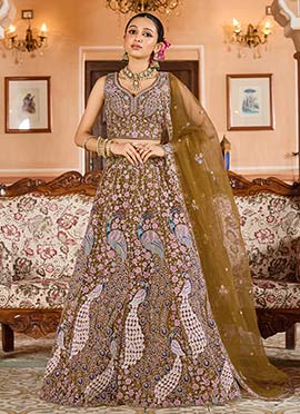 Mustard Net Zari Embroidered Sequins With Stone Work Lehenga