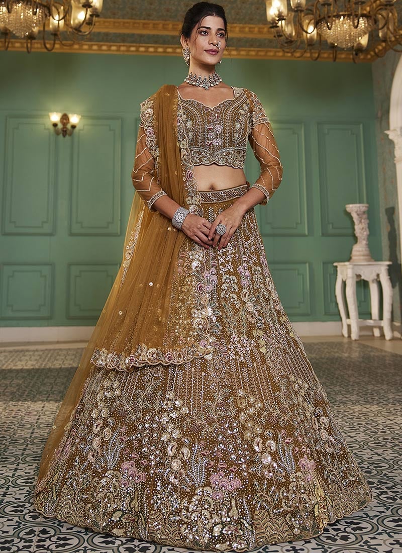 Mustard Net Zarkan Embroidered Sequins With Stone Work Classy Lehenga