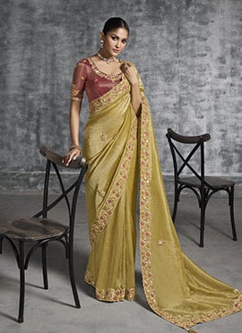 Mustard Nylon Satin Silk Resham Sequins Embroidered Stones Beads Zari Saree