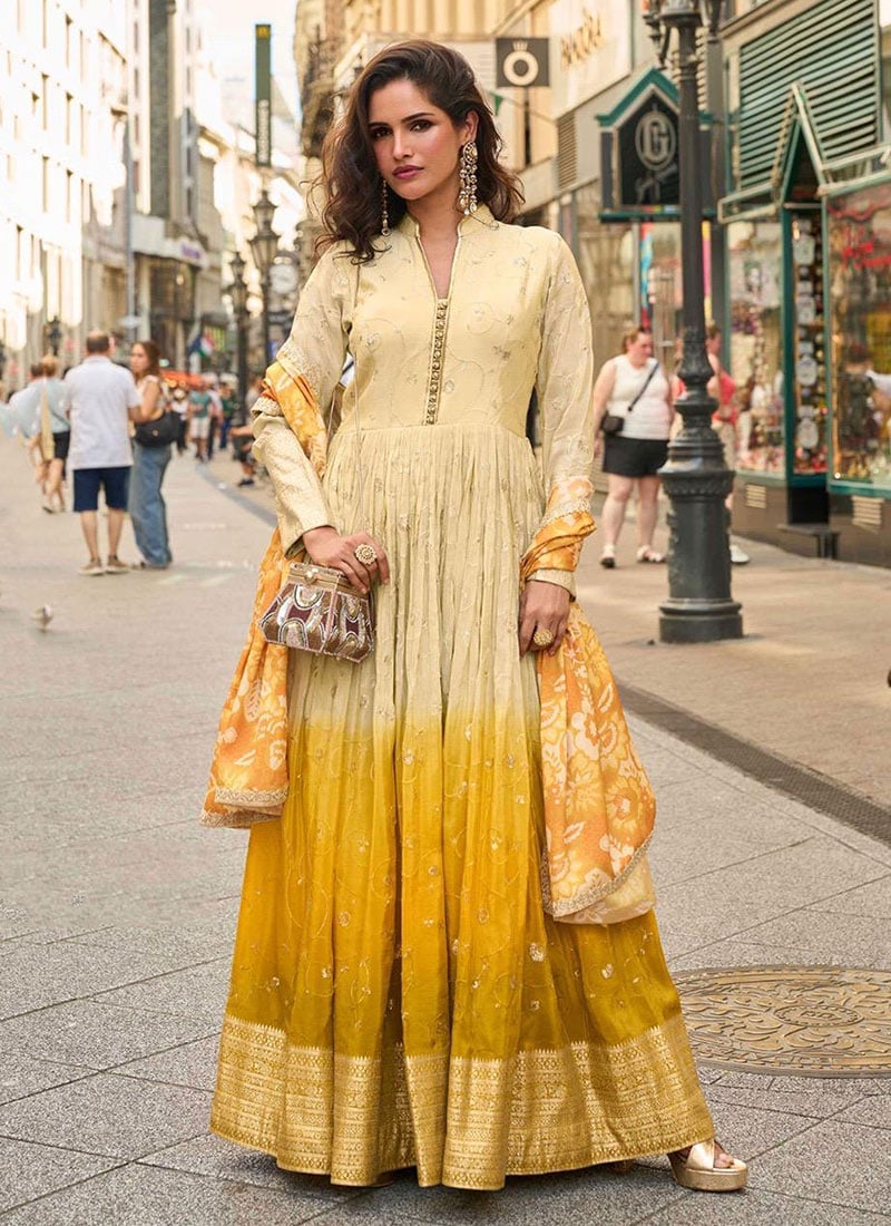 Mustard Ombre Shimmer Silk Embroidered Sequins Embellished Anarkali Suit Festive Wear