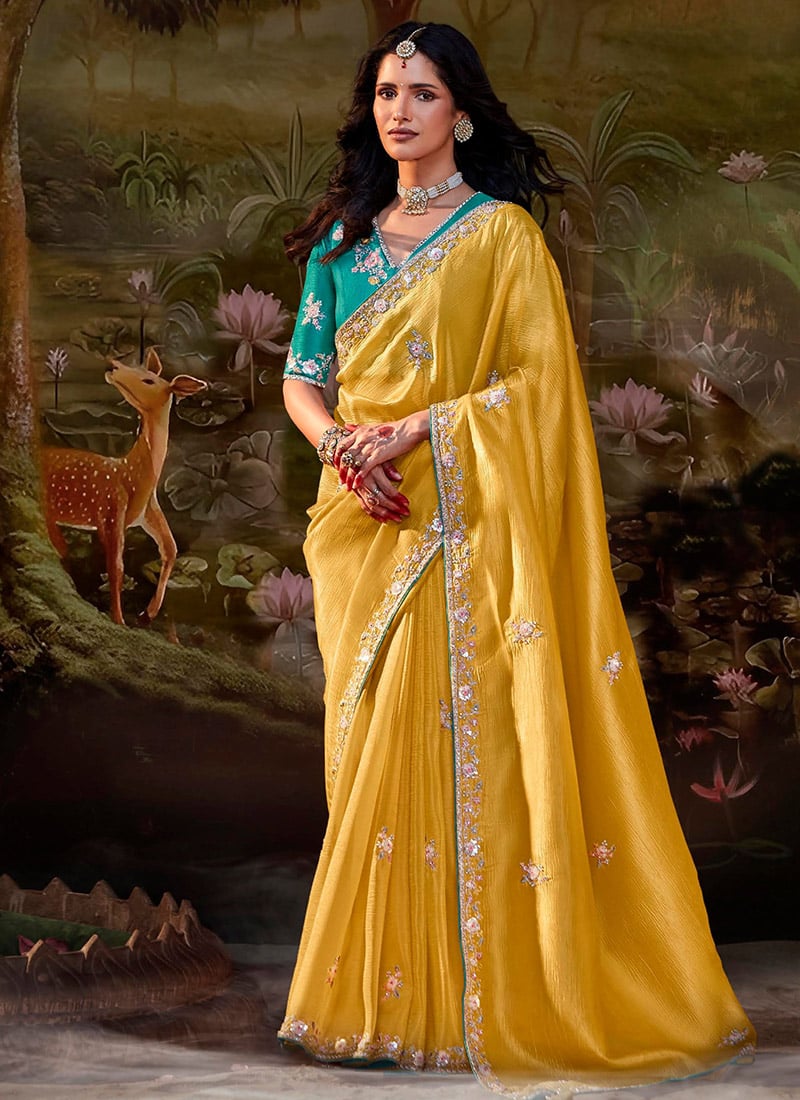 Mustard Organza Chiffon Embroidered Beads Sequins Stunning Saree Wedding Wear-SASCC3899KS5342