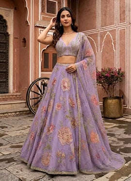 Lilac Organza Digital Print Hand Embroidered Sequins Lehenga