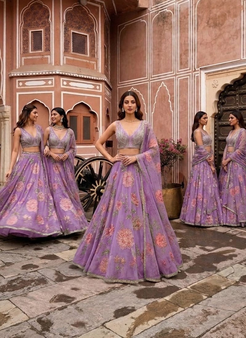 Lilac Organza Digital Print Hand Embroidered Sequins Lehenga Wedding Wear