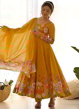 Mustard Organza Digital Print Zari Anarkali Suit