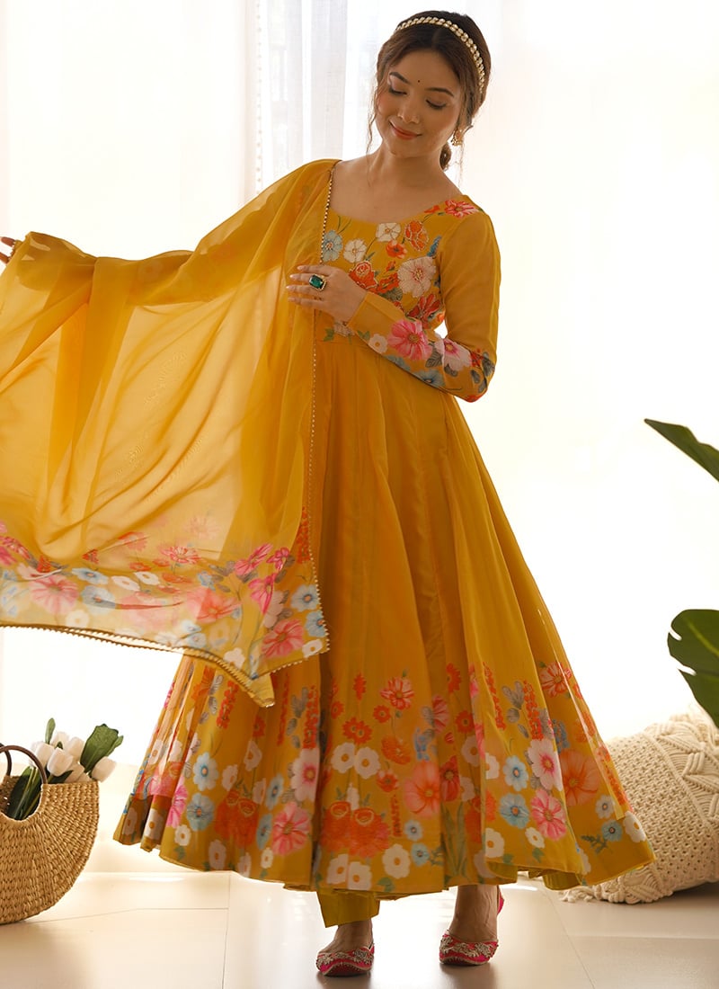 Mustard Organza Digital Print Zari Anarkali Suit After Six Wear