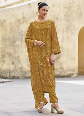 Mustard Organza Embroidered Sequins And Digital Print Straight Pant Suit