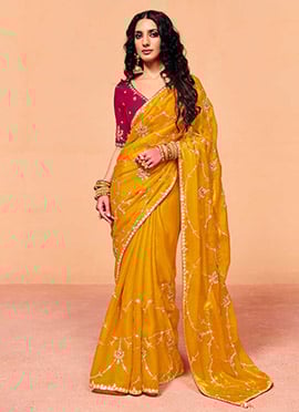 Mustard Organza Embroidered Sequins Saree