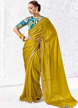 Mustard Organza Silk Embroidered Saree with Digital Print Blouse