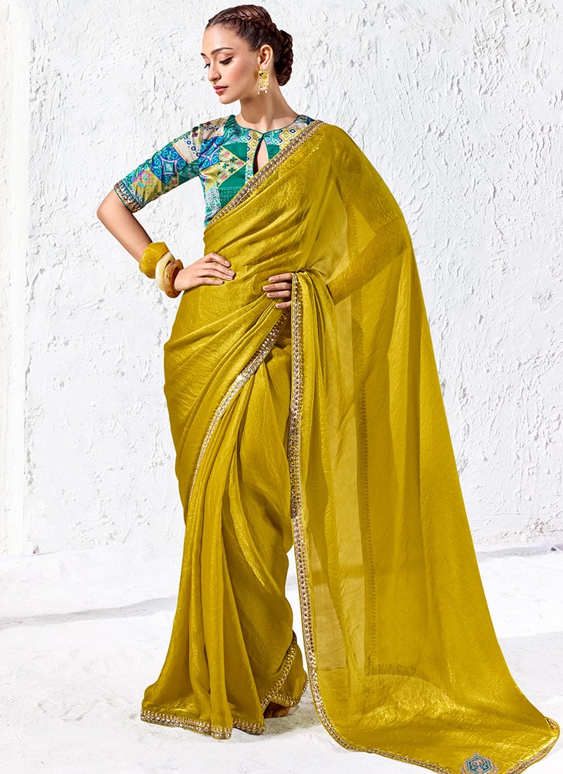 Mustard Organza Silk Embroidered Saree with Digital Print Blouse After Six Wear