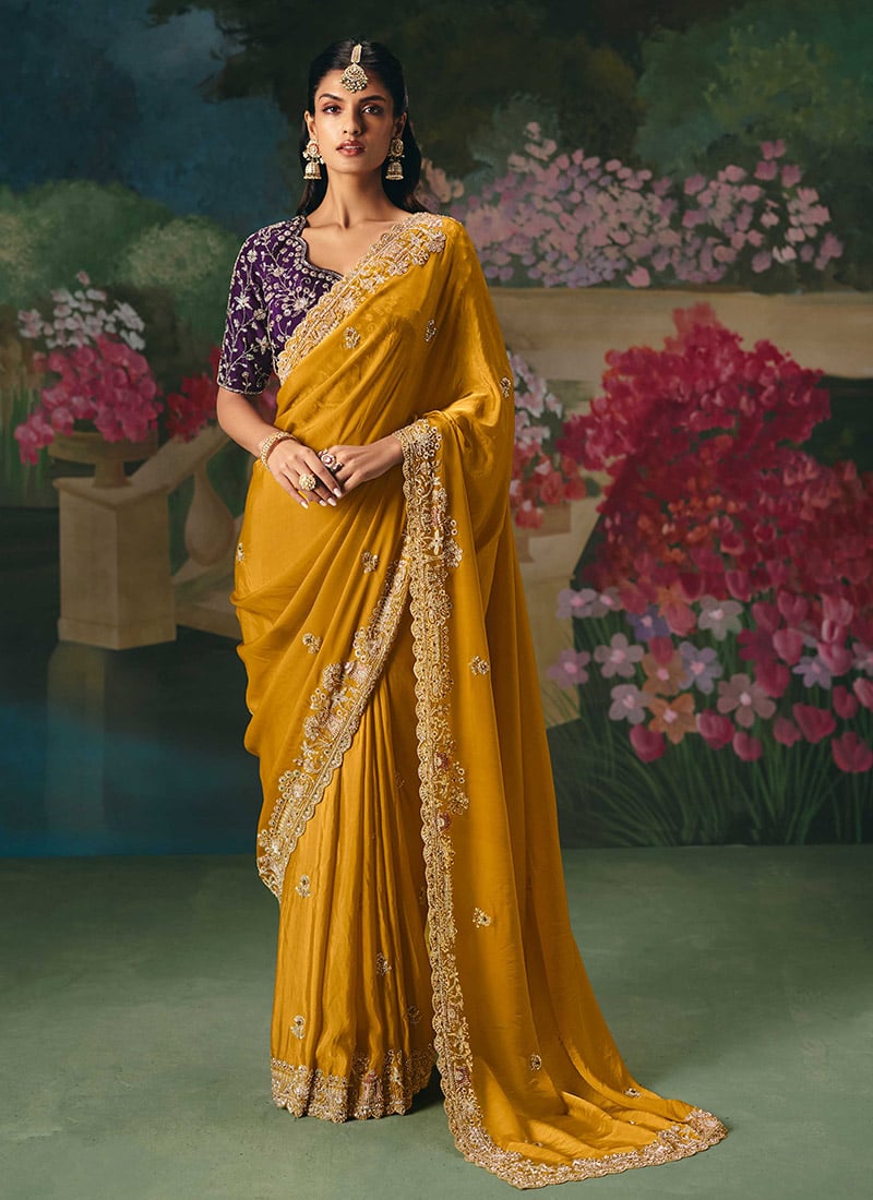 Mustard Organza Silk Embroidered Sequins With Beads And Stone Work Saree Wedding Wear