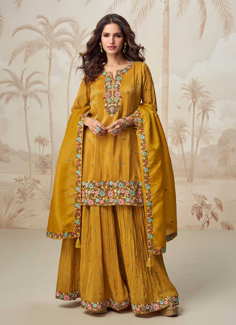 Mustard Organza Silk Thread Embroidered Stone And Beads Palazzo Suit Festive Wear