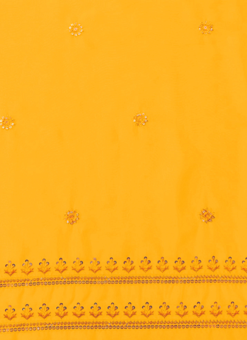Mustard Organza Thread Embroidered Sequins Fabric
