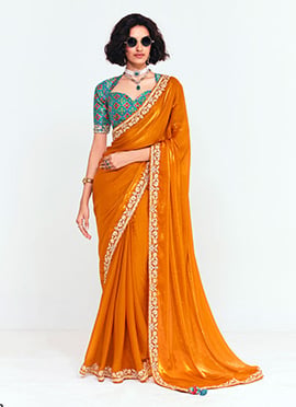 Mustard Organza Tissue Embroidered Border Saree