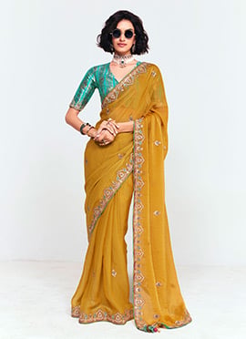 Mustard Organza Tissue Embroidered Border Saree