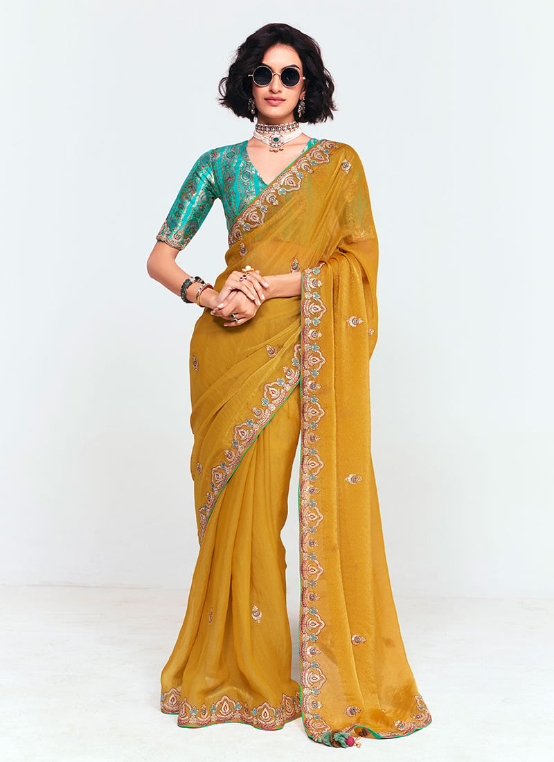 Mustard Organza Tissue Embroidered Border Saree After Six Wear