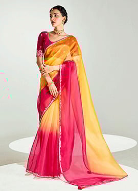 Mustard Organza Tissue Zari Embroidered Sequins Saree