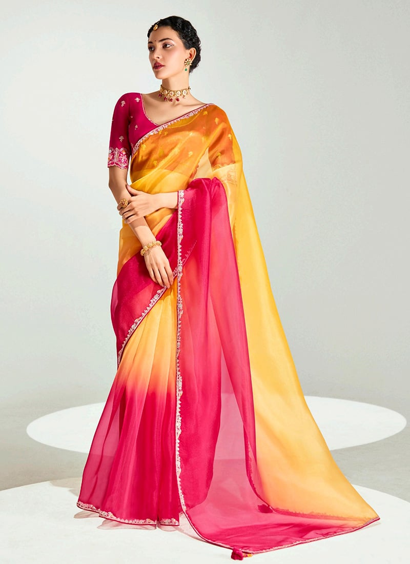 Mustard Organza Tissue Zari Embroidered Sequins Saree