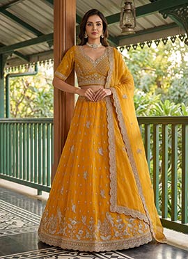 Mustard Organza Tissue Zari Embroidered Sequins Stones Beads Work Lehenga