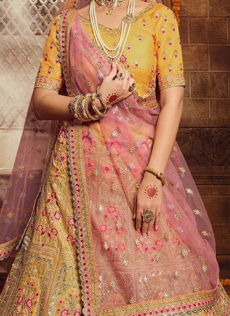 Buy Mustard Organza Umbrella Lehenga Wedding Wear, Embroidered