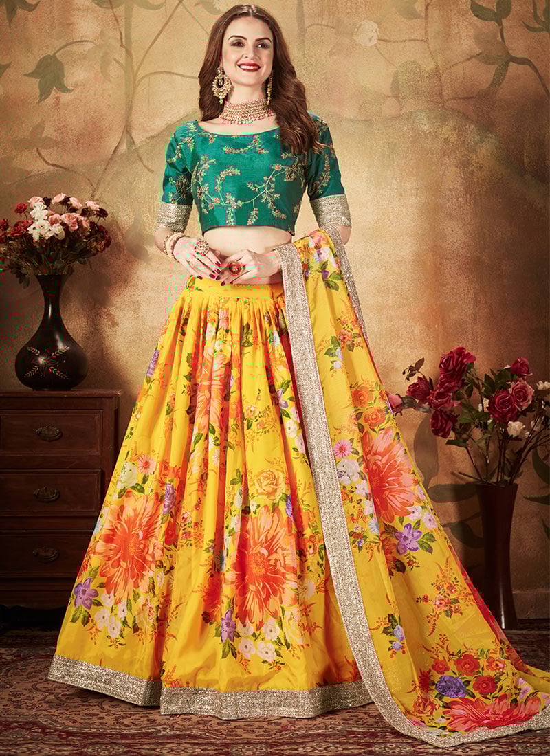 Mustard Organza Umbrella Lehenga Party Wear