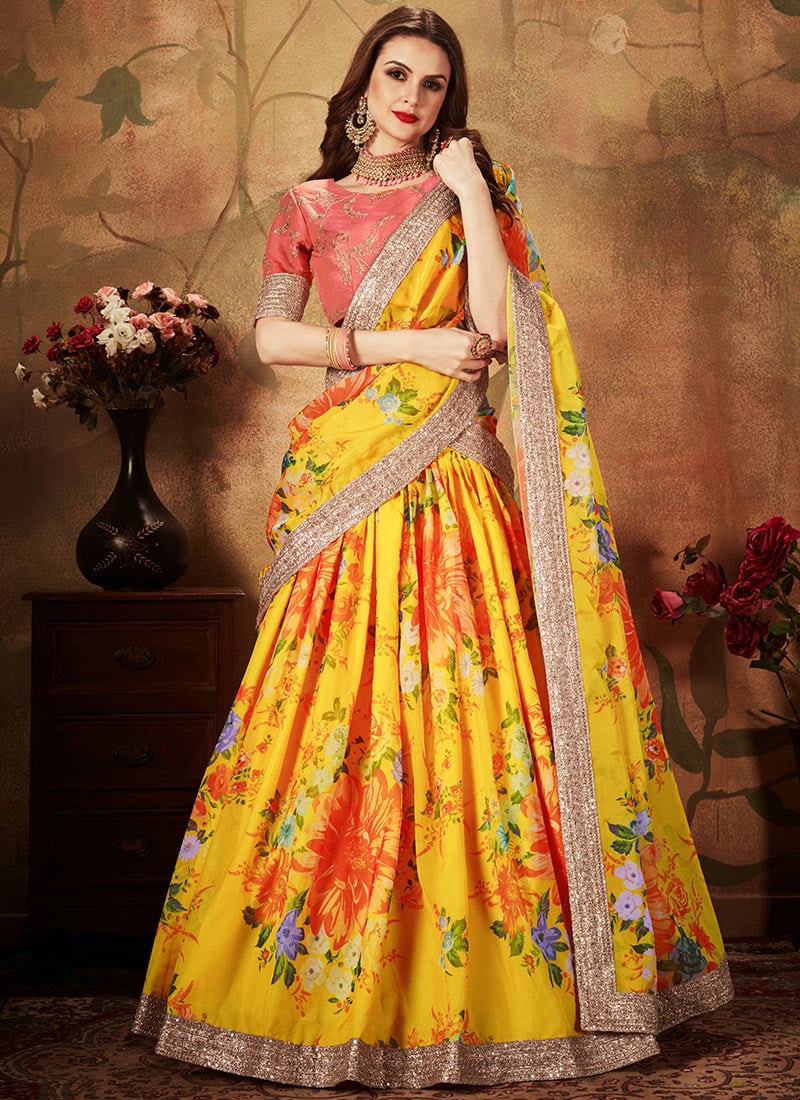 Mustard Organza Umbrella Lehenga Party Wear