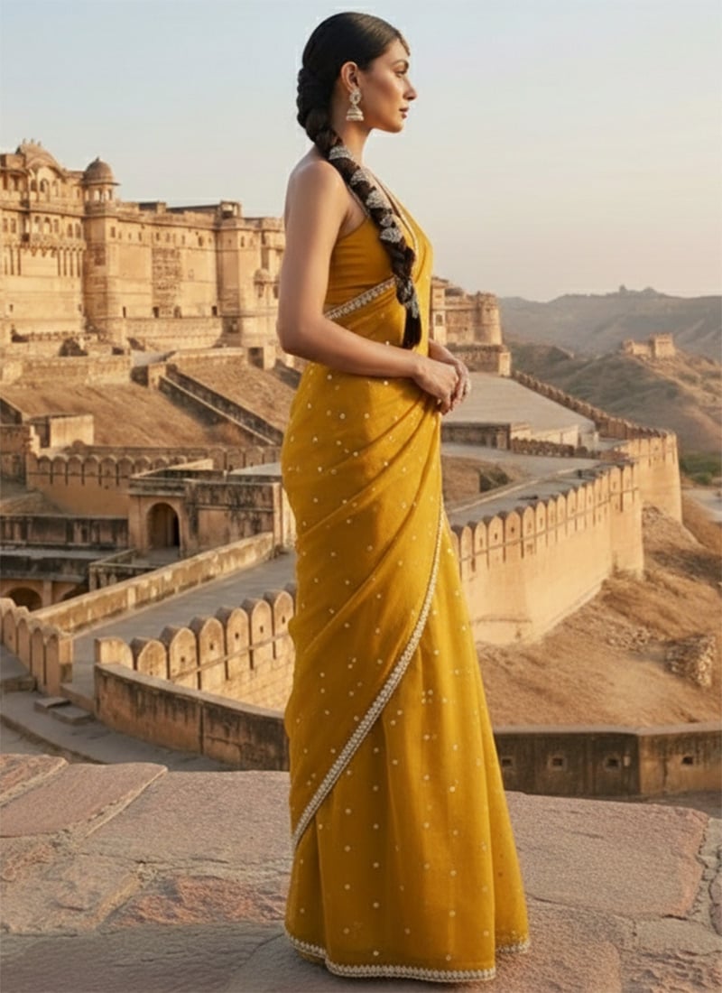 Mustard Organza Zari Hand Embroidered Sequins Saree Wedding Wear