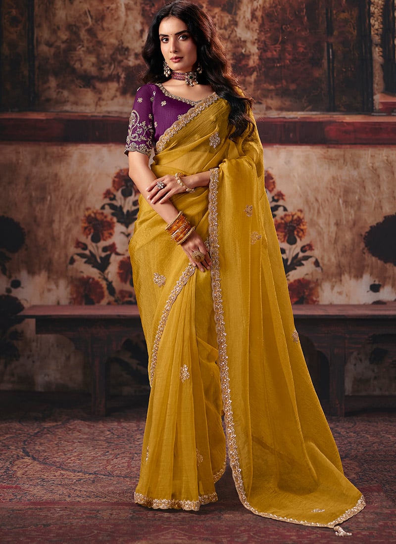 Mustard Organza Zari Sequins Beads Embroidered Saree After Six Wear