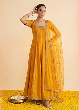 Mustard Organza Zari Sequins Embroidered Anarkali Suit