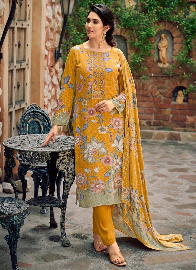 Mustard Pashmina Digital Print Embroidered Straight Pant Suit After Six Wear