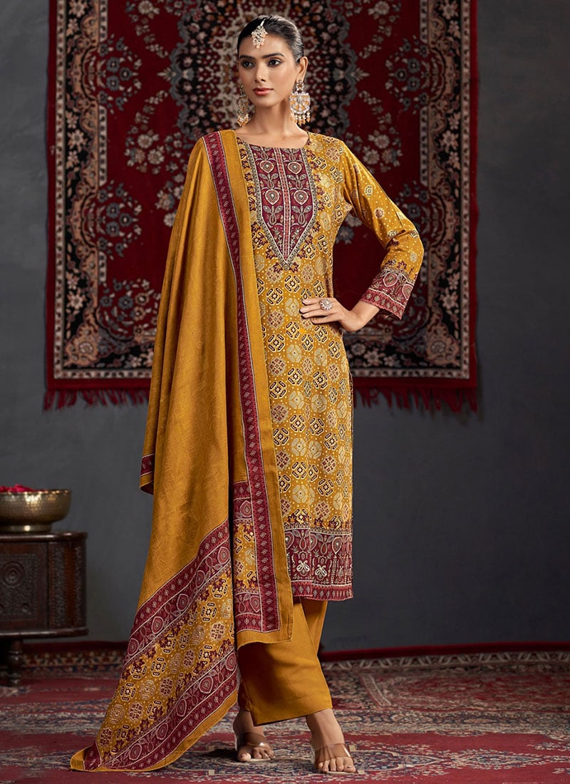 Mustard Pashmina Printed Sequins Straight Pant Suit