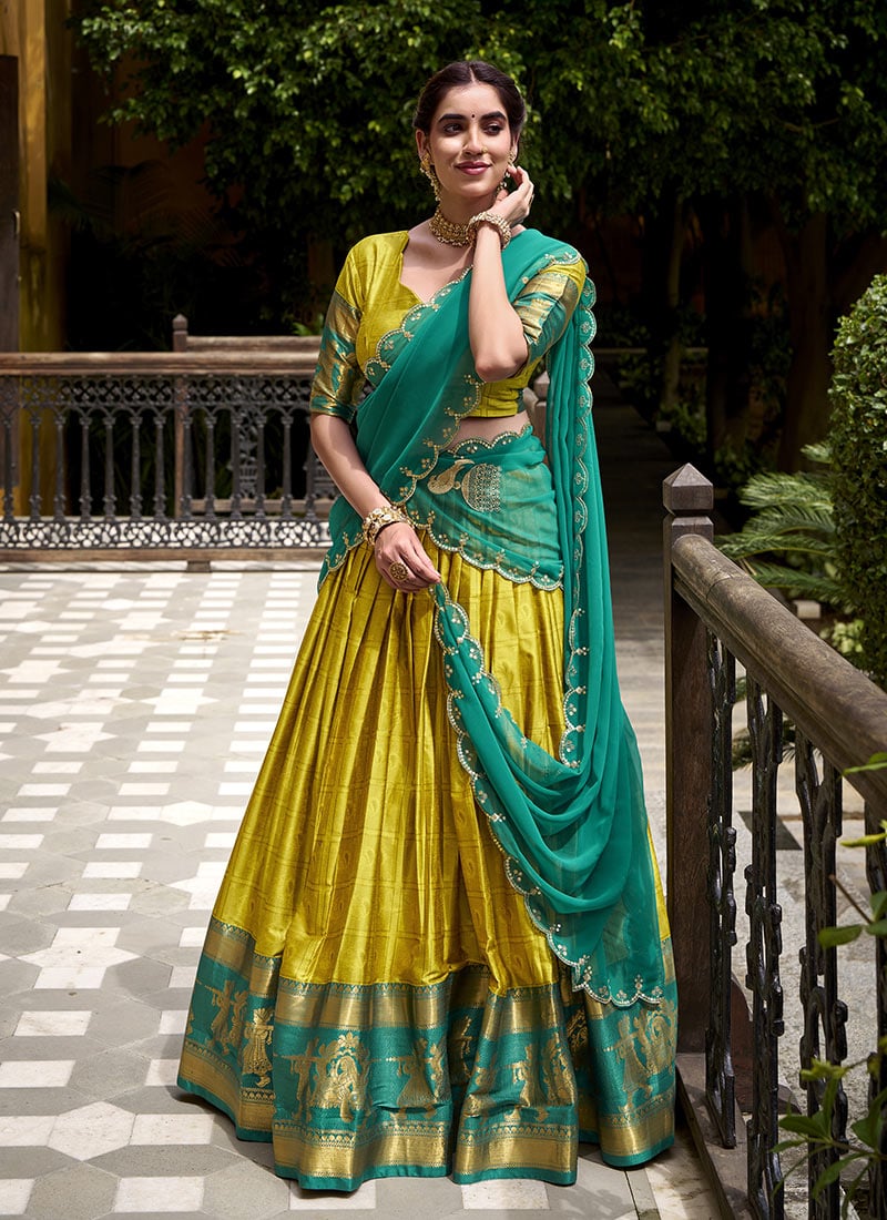 Mustard Poly Cotton Jacquard Sequin Lehenga Festive Wear