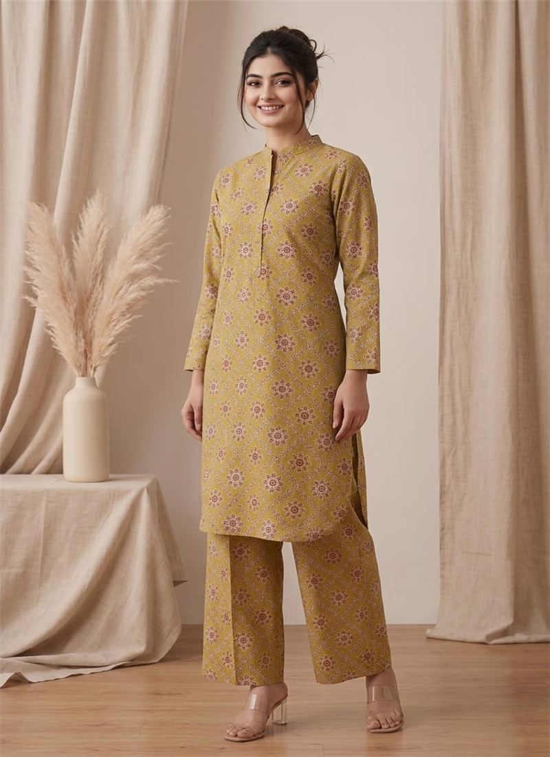 Mustard Printed Cotton Kurta Set After Six Wear