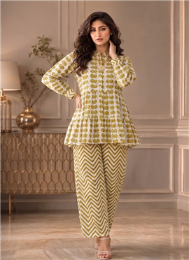 Mustard Printed Cotton Peplum Top Palazzo Set