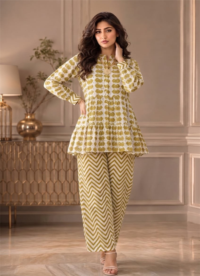 Mustard Printed Cotton Peplum Top Palazzo Set After Six Wear
