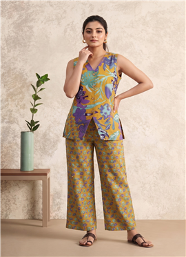 Mustard Printed Cotton Sleeveless Co Ord Pant Set