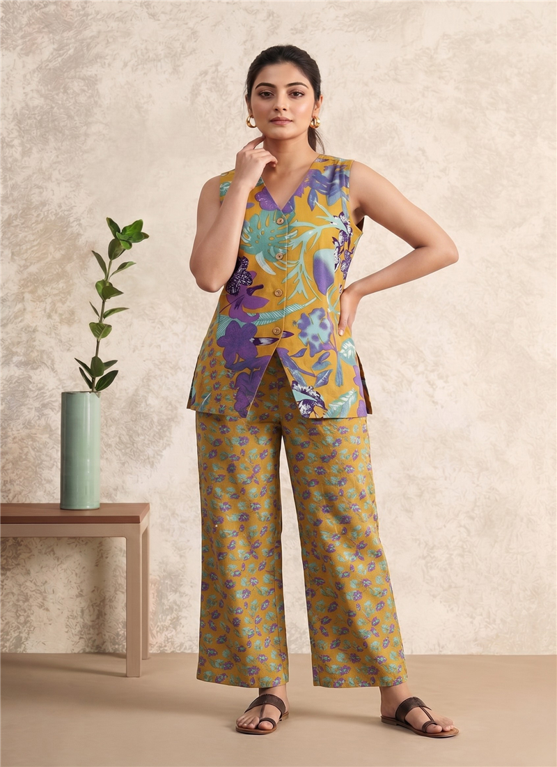 Mustard Printed Cotton Sleeveless Co Ord Pant Set After Six Wear
