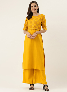 Mustard Printed Rayon Boat Neck Kurta Set