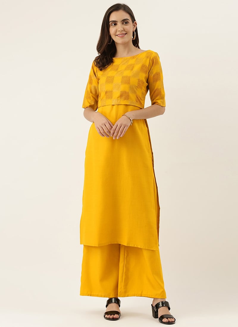 Mustard Printed Rayon Boat Neck Kurta Set After Six Wear