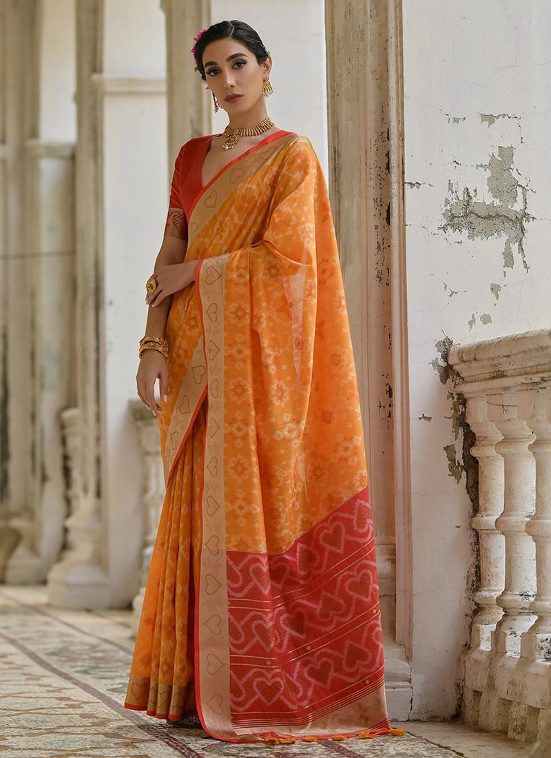 Mustard Raw Silk Zari Resham Woven Ikat Print Saree Festive Wear