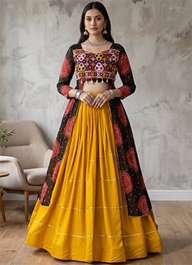 Mustard Rayon Cotton Embroidered Mirror Work Inowestern Long Choli Lehenga For Navratri
