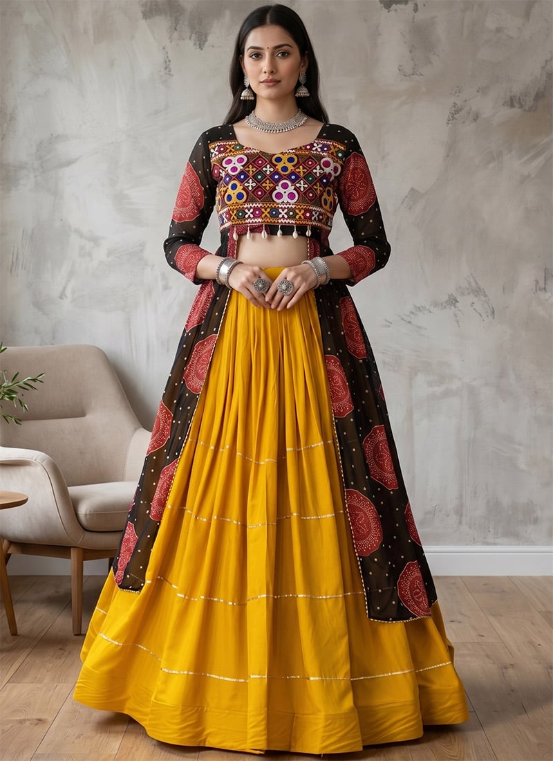 Mustard Rayon Cotton Embroidered Mirror Work Inowestern Long Choli Lehenga For Navratri Festive Wear